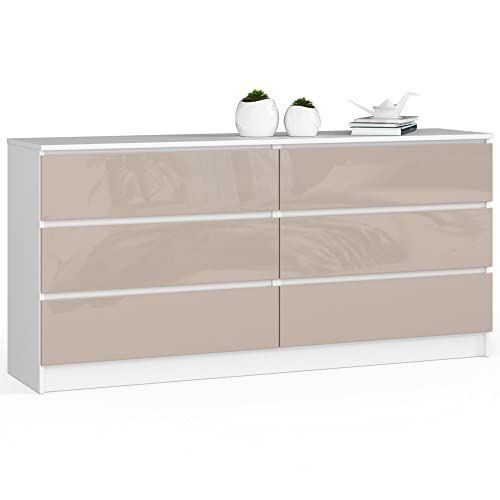 Kommode K-160 mit 6 (2 x 3) Schubladen | für das Wohnzimmer Schlafzimmer Schrank Büro Arbeitszimmer | Modernes Funktionales Design | B160 x H77 x T40 cm, Gewicht 70 kg | Weiß / Glänzender Cappuccino von AKORD