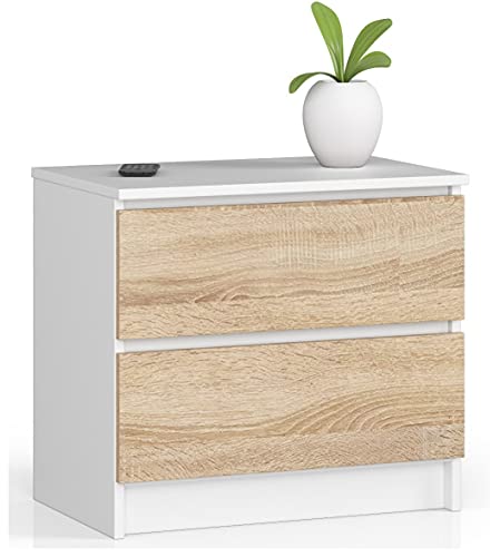 AKORD Kommode K60 mit 2 Schubladen | für das Wohnzimmer Schlafzimmer Schrank Büro Arbeitszimmer | Modernes Funktionales Design | B60 x H55 x T40 cm, Gewicht 20kg | Weiß/Sonoma-Eiche von AKORD