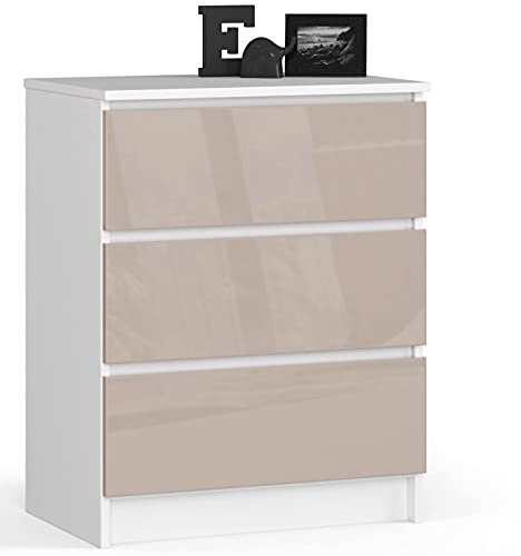 AKORD Kommode K60 mit 3 Schubladen | für das Wohnzimmer Schlafzimmer Schrank Büro Arbeitszimmer | Modernes Funktionales Design | B60 x H77 x T40 cm, Gewicht 25 kgWeiß/Glänzender Cappuccino von AKORD