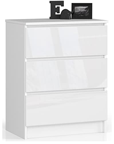 AKORD Kommode K60 mit 3 Schubladen | für das Wohnzimmer Schlafzimmer Schrank Büro Arbeitszimmer | Modernes Funktionales Design | B60 x H77 x T40 cm, Gewicht 25 kgWeiß/Weiß Glänzend von AKORD