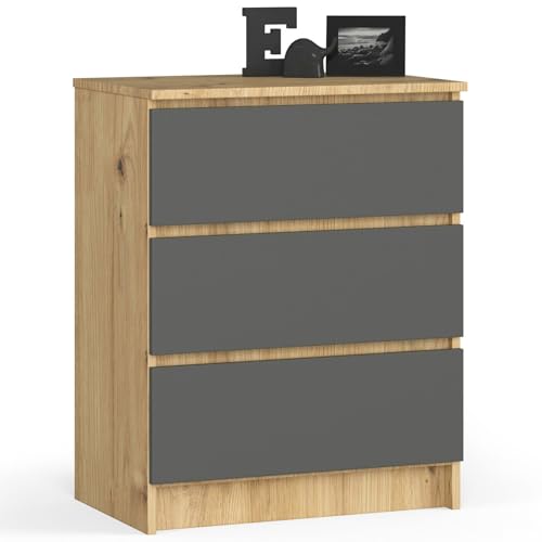 AKORD Kommode K60 mit 3 Schubladen | für das Wohnzimmer Schlafzimmer Schrank Büro Arbeitszimmer | Modernes Funktionales Design | B60 x H77 x T40 cm, Gewicht 25 kgHandwerkliche Eiche von AKORD