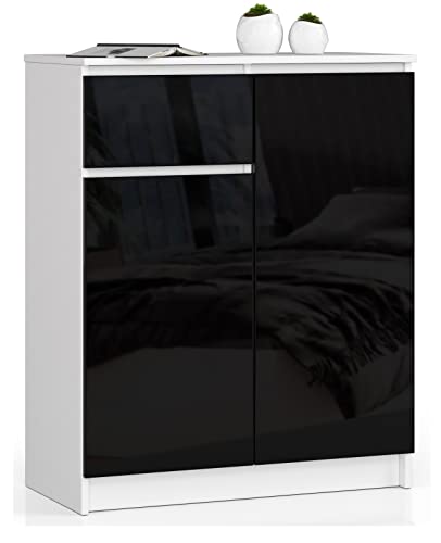 Kommode K80 2D1SZ mit 2 Türen und 1 Schublade | für das Wohnzimmer Schlafzimmer Schrank Büro Arbeitszimmer | Modernes Funktionales Design | B80 x H99 x T40 cm, Gewicht 34kg | Weiß / Schwarz Glänzend von AKORD