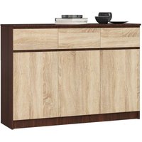 Kommode Akord K140 Wenge 138 cm 3 Türen 3 Schubladen 6 Ebenen Front Sonoma-Eiche B138 x H99 x T40 cm von AKORD