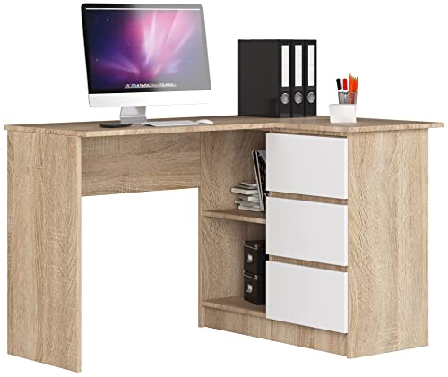 AKORD Eckschreibtisch mit Regal und 3 Schubladen| Schreibtisch | ecktisch | Eck Schreibtisch für Home Office | Einfache Montage | Weiss Rechts Sonoma Eiche/Weiß von AKORD