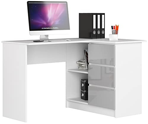 AKORD Eckschreibtisch mit Regal und 3 Schubladen| Schreibtisch | ecktisch | Eck Schreibtisch für Home Office | Einfache Montage | Weiss Rechts Weiß/Metallic-Glanz von AKORD