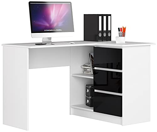 AKORD Eckschreibtisch B16 mit Regal 124 cm | 3 Schubladen Links | Schreibtisch | Ecktisch | Eck Schreibtisch | für Home | für Office | B124 x H77 x T85 cm | Gewicht 42,50 kg | Weiß/Schwarz Hochglanz von AKORD