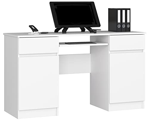 PC-Schreibtisch A5 mit Tastaturablage | Office Desk | Computertisch | Bürotisch mit Tastaturablage | 2 Schubladen und 2 Türablagen, B135 x H77 x T50 cm, 58 kg | Weiß von AKORD