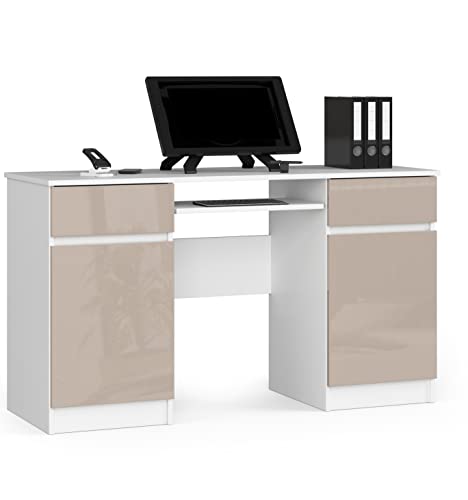 PC-Schreibtisch A5 mit Tastaturablage | Office Desk | Computertisch | Bürotisch mit Tastaturablage | 2 Schubladen und 2 Türablagen, B135 x H77 x T50 cm, 58 kg | Weiß/Glänzender Cappuccino von AKORD