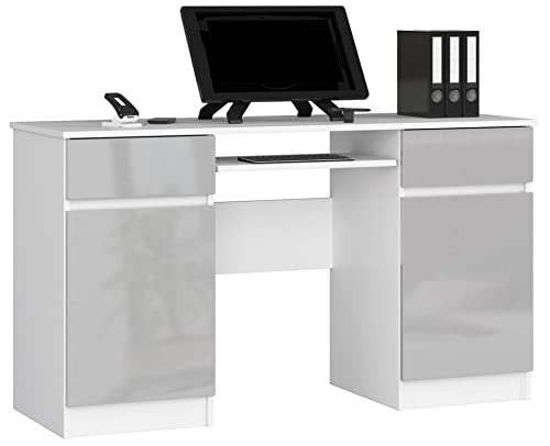 PC-Schreibtisch A5 mit Tastaturablage | Office Desk | Computertisch | Bürotisch mit Tastaturablage | 2 Schubladen und 2 Türablagen, B135 x H77 x T50 cm, 58 kg | Weiß/Metallic-Glanz von AKORD