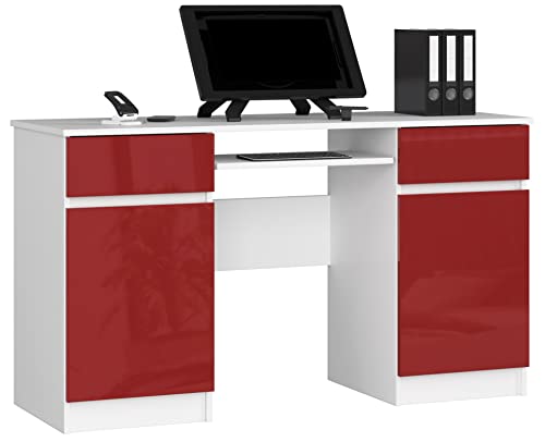 PC-Schreibtisch A5 mit Tastaturablage | Office Desk | Computertisch | Bürotisch mit Tastaturablage | 2 Schubladen und 2 Türablagen, B135 x H77 x T50 cm, 58 kg | Weiß/Rot Glänzend von AKORD