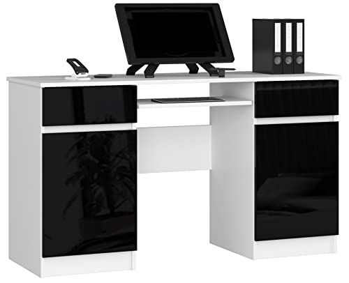 PC-Schreibtisch A5 mit Tastaturablage | Office Desk | Computertisch | Bürotisch mit Tastaturablage | 2 Schubladen und 2 Türablagen, B135 x H77 x T50 cm, 58 kg | Weiß/Schwarz Glänzend von AKORD