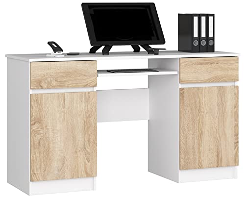 PC-Schreibtisch A5 mit Tastaturablage | Office Desk | Computertisch | Bürotisch mit Tastaturablage | 2 Schubladen und 2 Türablagen, B135 x H77 x T50 cm, 58 kg | Weiß/Sonoma-Eiche von AKORD