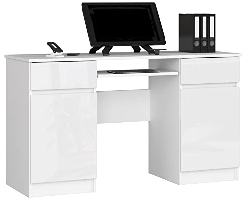 PC-Schreibtisch A5 mit Tastaturablage | Office Desk | Computertisch | Bürotisch mit Tastaturablage | 2 Schubladen und 2 Türablagen, B135 x H77 x T50 cm, 58 kg | Weiß/Weiß Glänzend von AKORD