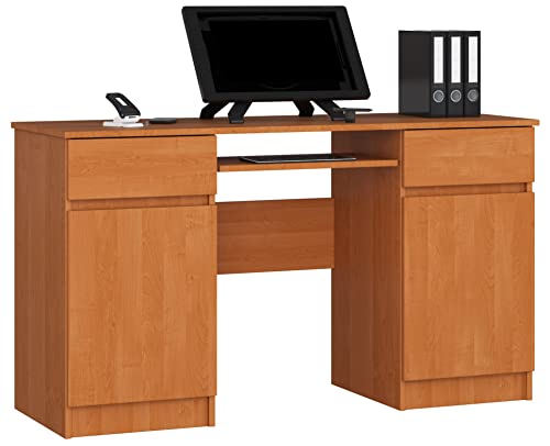 PC-Schreibtisch A5 mit Tastaturablage | Office Desk | Computertisch | Bürotisch mit Tastaturablage | 2 Schubladen und 2 Türablagen, B135 x H77 x T50 cm, 58 kg | Erle von AKORD