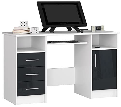 PC-Schreibtisch Ana mit Tastaturablage | Office Desk | Computertisch | Bürotisch | 3 Schubladen, 1 Ablagefach mit Tür, 2 offene Ablagefächer, B124 x H74 x T52 cm, 45 kg | Weiß/Graphit Glänzend von AKORD