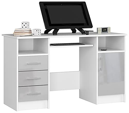 PC-Schreibtisch Ana mit Tastaturablage | Office Desk | Computertisch | Bürotisch | 3 Schubladen, 1 Ablagefach mit Tür, 2 offene Ablagefächer, B124 x H74 x T52 cm, 45 kg | Weiß/Metallic-Glanz von AKORD