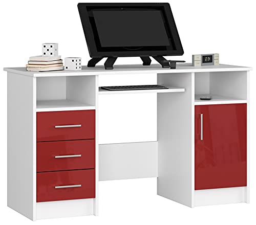 PC-Schreibtisch Ana mit Tastaturablage | Office Desk | Computertisch | Bürotisch | 3 Schubladen, 1 Ablagefach mit Tür, 2 offene Ablagefächer, B124 x H74 x T52 cm, 45 kg | Weiß/Rot Glänzend von AKORD