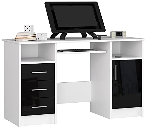 PC-Schreibtisch Ana mit Tastaturablage | Office Desk | Computertisch | Bürotisch | 3 Schubladen, 1 Ablagefach mit Tür, 2 offene Ablagefächer, B124 x H74 x T52 cm, 45 kg | Weiß/Schwarz Glänzend von AKORD