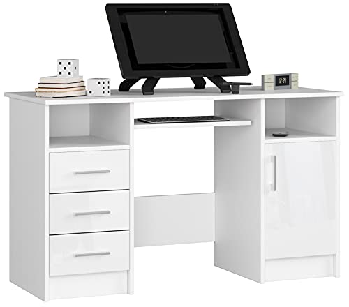 PC-Schreibtisch Ana mit Tastaturablage | Office Desk | Computertisch | Bürotisch | 3 Schubladen, 1 Ablagefach mit Tür, 2 offene Ablagefächer, B124 x H74 x T52 cm, 45 kg | Weiß/Weiß Glänzend von AKORD