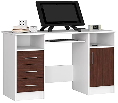 PC-Schreibtisch Ana mit Tastaturablage | Office Desk | Computertisch | Bürotisch | 3 Schubladen, 1 Ablagefach mit Tür, 2 offene Ablagefächer, B124 x H74 x T52 cm, 45 kg | Weiß/Wenge von AKORD