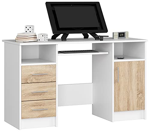 AKORD Schreibtisch ANA 124 cm | mit 1 Tür und 3 Schubladen | Office Desk | Computertisch | Bürotisch | PC-Schreibtisch | B124 x H74 x T52 cm | Gewicht 46,40 kg | Weiß/Sonoma Eiche von AKORD