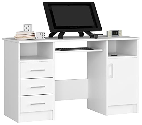 AKORD Schreibtisch ANA 124 cm | mit 1 Tür und 3 Schubladen | Office Desk | Computertisch | Bürotisch | PC-Schreibtisch | B124 x H74 x T52 cm | Gewicht 46,40 kg | Weiß/Weiß von AKORD