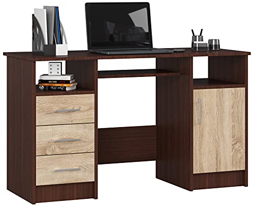 PC-Schreibtisch Ana mit Tastaturablage | Office Desk | Computertisch | Bürotisch | 3 Schubladen, 1 Ablagefach mit Tür, 2 offene Ablagefächer, B124 x H74 x T52 cm, 45 kg | Wenge/Sonoma-Eiche von AKORD