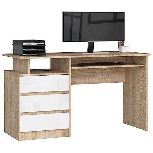 PC-Schreibtisch CLP 135 mit Tastaturablage | Office Desk | Computertisch | Bürotisch mit Tastaturablage | 3 Schubladen, 1 Ablagefach, B135 x H77 x T60 cm, 45 kg | Eiche Sonoma acryl Weiß von AKORD