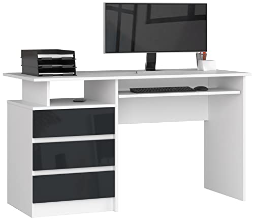 PC-Schreibtisch CLP 135 mit Tastaturablage | Office Desk | Computertisch | Bürotisch mit Tastaturablage | 3 Schubladen, 1 Ablagefach, B135 x H77 x T60 cm, 45 kg | Weiß/Graphit Glänzend von AKORD