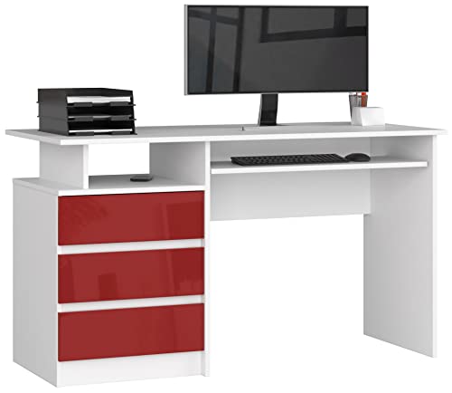 PC-Schreibtisch CLP 135 mit Tastaturablage | Office Desk | Computertisch | Bürotisch mit Tastaturablage | 3 Schubladen, 1 Ablagefach, B135 x H77 x T60 cm, 45 kg | Weiß/Rot Glänzend von AKORD