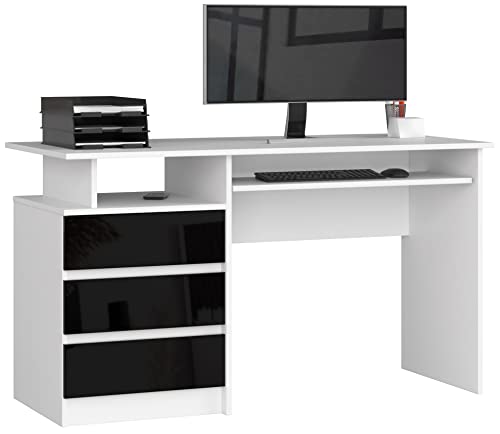 PC-Schreibtisch CLP 135 mit Tastaturablage | Office Desk | Computertisch | Bürotisch mit Tastaturablage | 3 Schubladen, 1 Ablagefach, B135 x H77 x T60 cm, 45 kg | Weiß/Schwarz Glänzend von AKORD