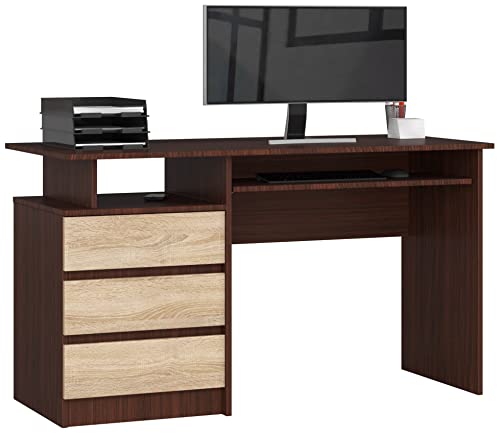 PC-Schreibtisch CLP 135 mit Tastaturablage | Office Desk | Computertisch | Bürotisch mit Tastaturablage | 3 Schubladen, 1 Ablagefach, B135 x H77 x T60 cm, 45 kg | Wenge/Sonoma-Eiche von AKORD