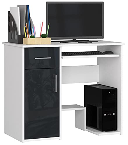 PC-Schreibtisch Jay mit Tastatur- und PC-Ablage | Office Desk | 2 Schubladen und 2 Türablagen 1 Schublade 1 Ablagefach mit Tür Fußablage B90 x H74 x T50 cm 29 kg | Weiß/Graphit Glänzend von AKORD