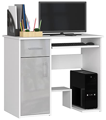 PC-Schreibtisch Jay mit Tastatur- und PC-Ablage | Office Desk | 2 Schubladen und 2 Türablagen 1 Schublade 1 Ablagefach mit Tür Fußablage B90 x H74 x T50 cm 29 kg | Weiß/Metallic-Glanz von AKORD