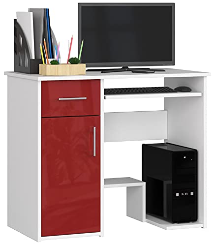 PC-Schreibtisch Jay mit Tastatur- und PC-Ablage | Office Desk | Computertisch | 2 Schubladen und 2 Türablagen 1 Schublade 1 Ablagefach mit Tür Fußablage B90 x H74 x T50 cm 29 kg | Weiß/Rot Glänzend von AKORD