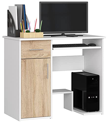 PC-Schreibtisch Jay mit Tastatur- und PC-Ablage | Office Desk | Computertisch | 2 Schubladen und 2 Türablagen 1 Schublade 1 Ablagefach mit Tür Fußablage B90 x H74 x T50 cm 29 kg | Weiß/Sonoma-Eiche von AKORD