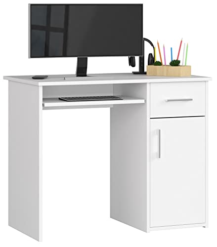 PC-Schreibtisch PIN mit Tastaturablage | Schreibtisch Klein mit Schubladen | Office Desk | Computertisch | Bürotisch 1 Schublade, 1 Ablagefach mit Tür, B90 x H74 x T50 cm, 29 kg | Weiß von AKORD