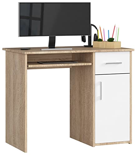 PC-Schreibtisch PIN mit Tastaturablage | Schreibtisch Klein mit Schubladen | Office Desk | Computertisch | Bürotisch 1 Schublade, 1 Ablagefach mit Tür, B90 x H74 x T50 cm, 29 kg | Sonoma Eiche/Weiß von AKORD