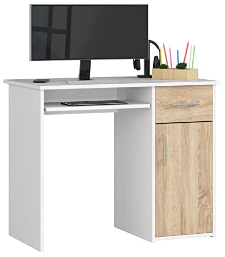 PC-Schreibtisch PIN mit Tastaturablage | Schreibtisch Klein mit Schubladen | Office Desk | Computertisch | Bürotisch 1 Schublade, 1 Ablagefach mit Tür, B90 x H74 x T50 cm, 29 kg | Weiß/Sonoma-Eiche von AKORD