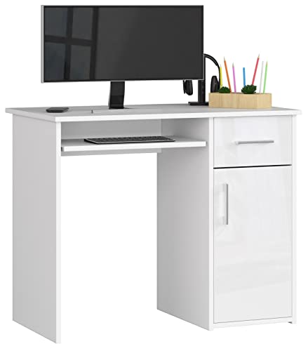 PC-Schreibtisch PIN mit Tastaturablage | Schreibtisch Klein mit Schubladen | Office Desk | Computertisch | Bürotisch 1 Schublade, 1 Ablagefach mit Tür, B90 x H74 x T50 cm, 29 kg | Weiß/Weiß Glänzend von AKORD