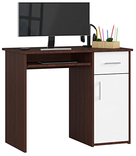 PC-Schreibtisch PIN mit Tastaturablage | Schreibtisch Klein mit Schubladen | Office Desk | Computertisch | Bürotisch 1 Schublade, 1 Ablagefach mit Tür, B90 x H74 x T50 cm, 29 kg | Wenge/Weiß von AKORD