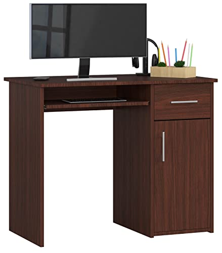 PC-Schreibtisch PIN mit Tastaturablage | Schreibtisch Klein mit Schubladen | Office Desk | Computertisch | Bürotisch 1 Schublade, 1 Ablagefach mit Tür, B90 x H74 x T50 cm, 29 kg | Wenge von AKORD