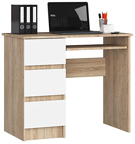 AKORD Schreibtisch A6 90 cm | 3 Schubladen Links | Schreibtisch | Bürotisch | Computertisch | Arbeitstisch | Laptoptisch | Bürmöbel | B90 x H77 x T50 cm | Gewicht 29,95 kg | Sonoma Eiche/Weiß von AKORD