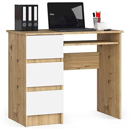 Schreibtisch A-6 mit Tastaturablage und 3 Schubladen Links- oder rechtsseitig | Office Desk | Computertisch | B90 x H77 x T50 cm 30 kg | Farbe | Eiche Artisan von AKORD