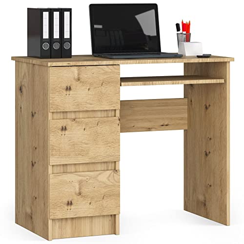 Schreibtisch A-6 mit Tastaturablage und 3 Schubladen Links- oder rechtsseitig | Office Desk | Computertisch | B90 x H77 x T50 cm 30 kg | Farbe | Kunsthandwerkliche Eiche von AKORD