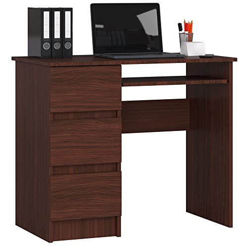 Schreibtisch A-6 mit Tastaturablage und 3 Schubladen Links- oder rechtsseitig | Office Desk | Computertisch | B90 x H77 x T50 cm 30 kg | Farbe Wenge von AKORD