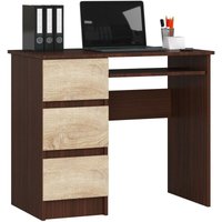 Schreibtisch A-6 mit Tastaturablage und 3 Schubladen links- oder rechtsseitig, B90 x H77 x T50 cm, 30 kg (Wenge / Sonoma Eiche) | Farbe Wenge / von AKORD