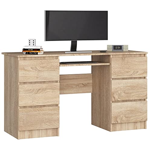 Schreibtisch Klein mit Schubladen | Office Desk | Computertisch | Bürotisch mit Tastaturablage | Holz Deko | B135 x H77 x T50 cm, 60 kg von AKORD