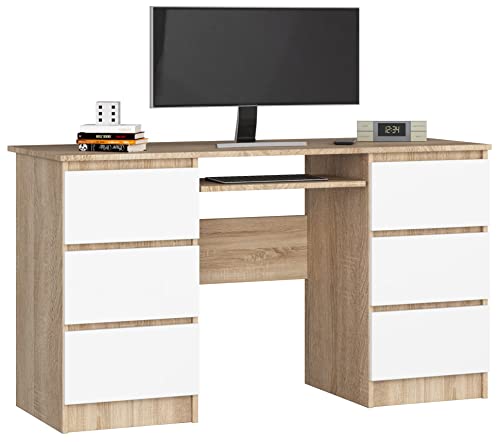 Schreibtisch Klein mit Schubladen | Office Desk | Computertisch | Bürotisch mit Tastaturablage | Holz Deko | B135 x H77 x T50 cm, 60 kg von AKORD