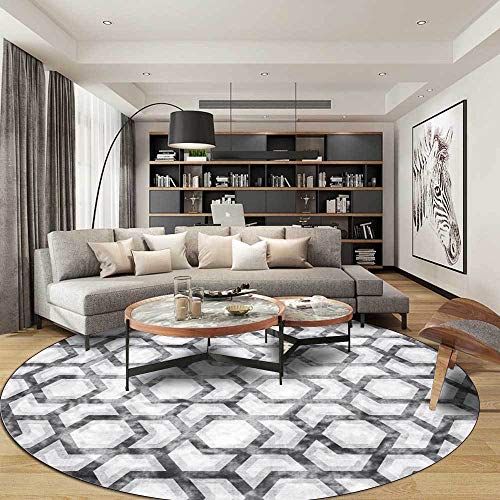 AKOYUML Runden Home Teppich Waschbarer Kurzflor Teppich rutschfeste Pflegeleicht Teppich Mode Moderne einfache Schwarz-Weiß-Geometrie, ∅130 cm von AKOYUML